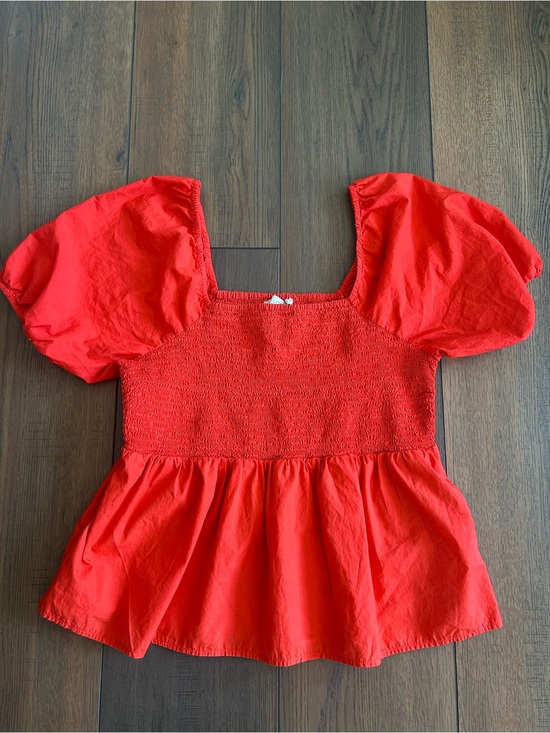 LOFT Tops - Vibrant LOFT Red Smocked Peplum Puff Sleeve Top Size XL